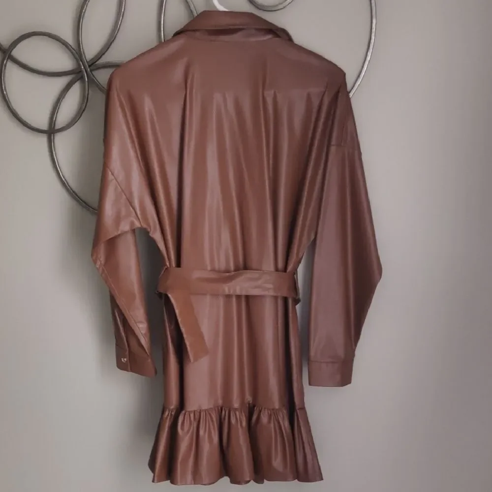 Zara Brown Faux Leather Long Sleeve Ruffle Dress